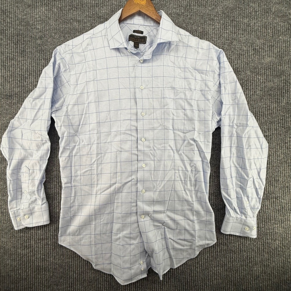 Jos. A Bank Dress Shirt Mens 16.5 34 Blue Excellent Windowpane Reserve Button Up